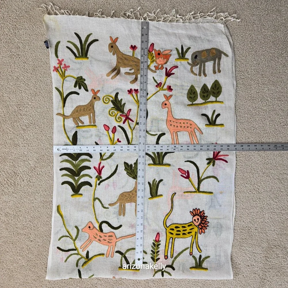 Tolani Linen Scarf Embroidered With Whimsical Animals and Plants